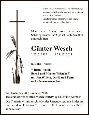 Traueranzeige von Günter Wesch von WLZ