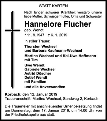 Traueranzeige von Hannelore Flucher von WLZ