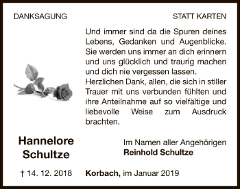 Traueranzeige von Hannelore Schultze von WLZ