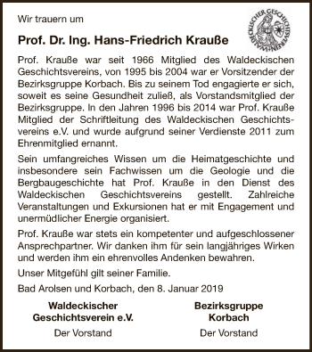 Traueranzeige von Hans-Friedrich Krauße von WLZ