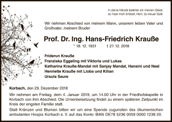 Traueranzeige von Hans-Friedrich Krauße von WLZ