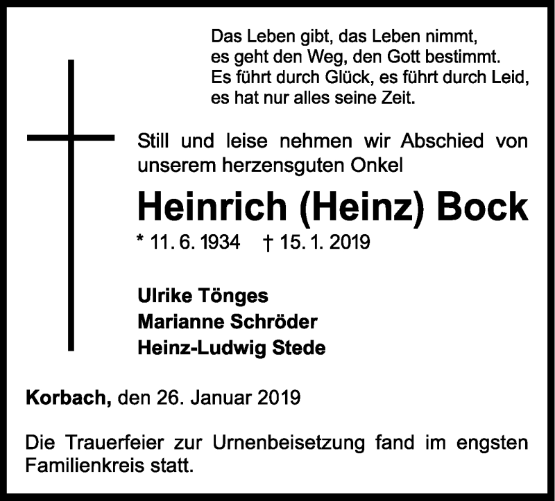  Traueranzeige für Heinrich  Bock vom 26.01.2019 aus WLZ