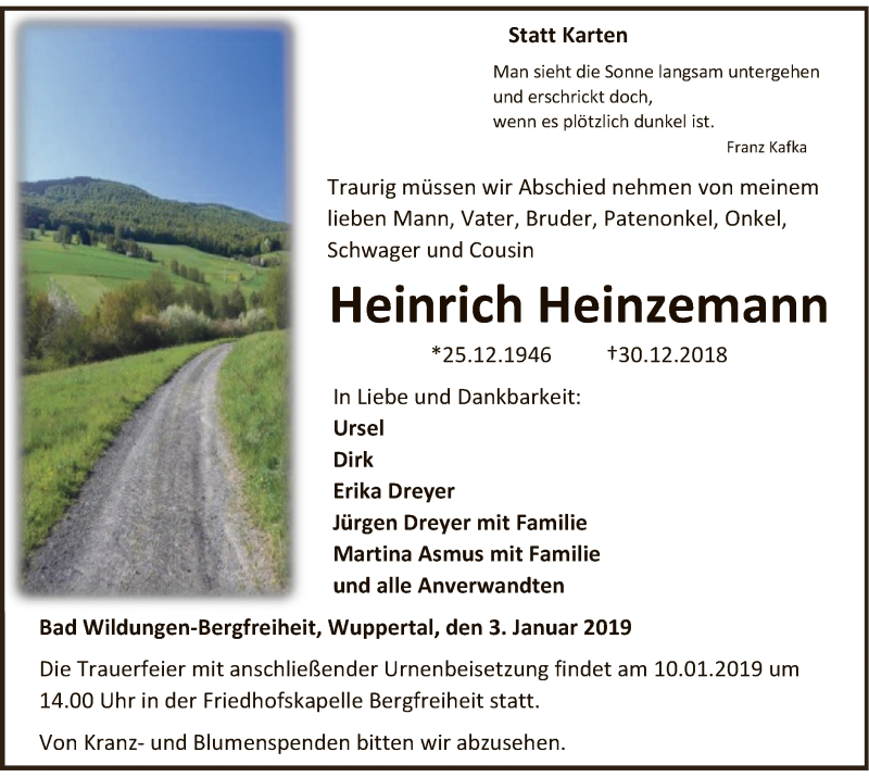  Traueranzeige für Heinrich Heinzemann vom 03.01.2019 aus WLZ