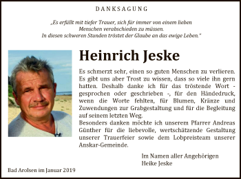 Traueranzeige von Heinrich Jeske von WLZ