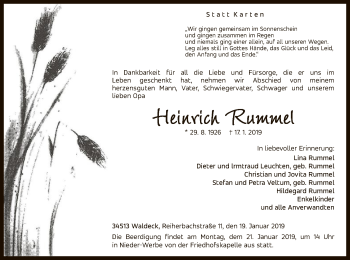 Traueranzeige von Heinrich Rummel von WLZ