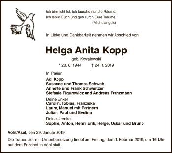 Traueranzeige von Helga Anita Kopp von WLZ