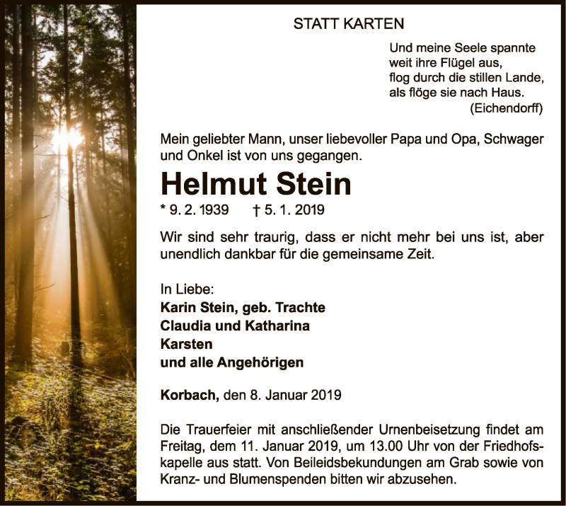  Traueranzeige für Helmut Stein vom 08.01.2019 aus WLZ
