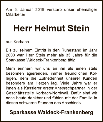 Traueranzeige von Helmut Stein von WLZ