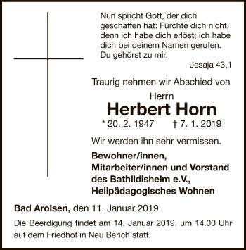 Traueranzeige von Herbert Horn von WLZ