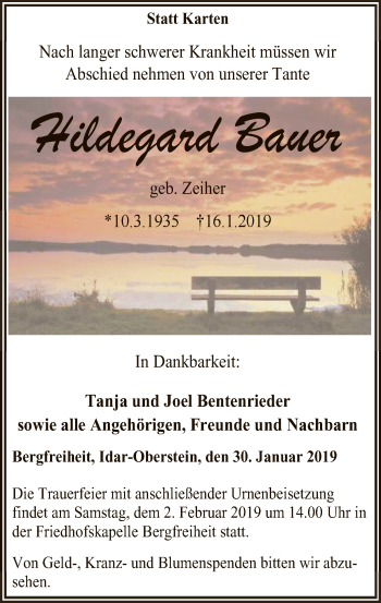 Traueranzeige von Hildegard Bauer von WLZ