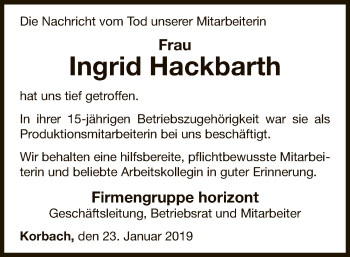 Traueranzeige von Ingrid Hackbarth von WLZ