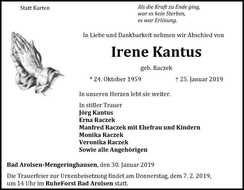  Traueranzeige für Irene Kantus vom 30.01.2019 aus WLZ