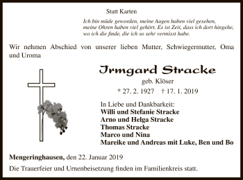 Traueranzeige von Irmgard Stracke von WLZ