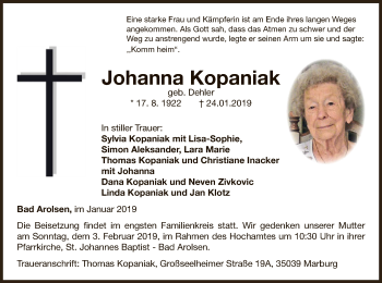 Traueranzeige von Johanna Kopaniak von WLZ