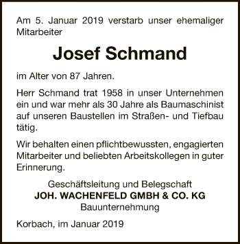 Traueranzeige von Josef Schmand von WLZ