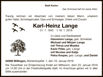 Traueranzeige von Karl-Heinz Lange von WLZ