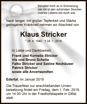 Traueranzeige von Klaus Stricker von WLZ