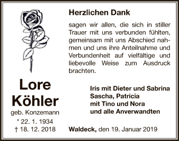 Traueranzeige von Lore Köhler von WLZ