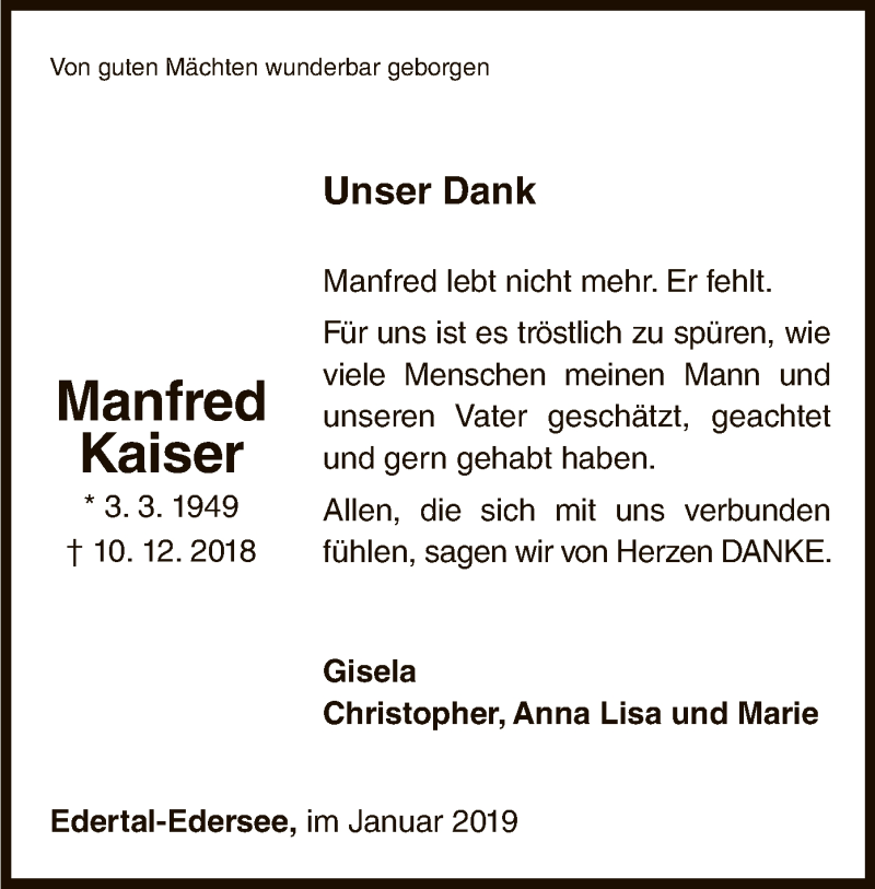  Traueranzeige für Manfred Kaiser vom 12.01.2019 aus WLZ
