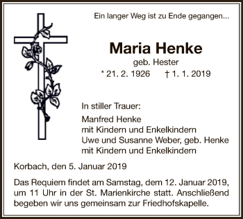 Traueranzeige von Maria Henke von WLZ