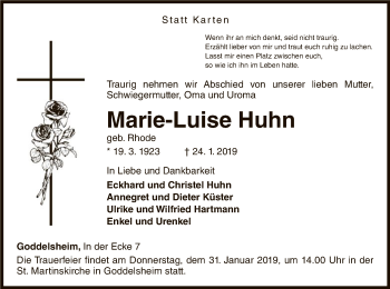 Traueranzeige von Marie-Luise Huhn von WLZ