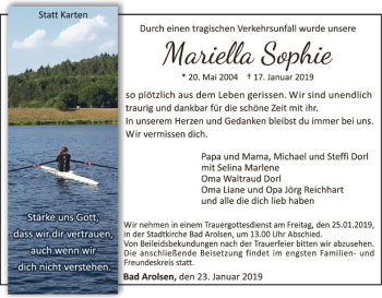 Traueranzeige von Mariella Sophie  von WLZ