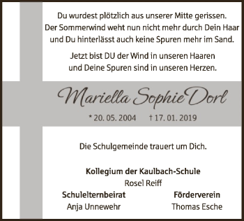 Traueranzeige von Mariella Sophie Dorl von WLZ