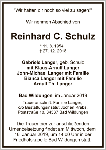 Traueranzeige von Reinhard C. Schulz von WLZ