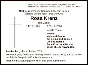 Traueranzeige von Rosa Krenz von WLZ