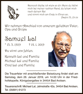 Traueranzeige von Samuel Lal von WLZ