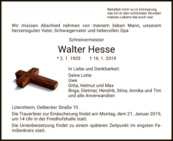 Traueranzeige von Walter Hesse von WLZ