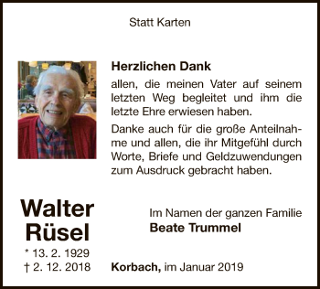 Traueranzeige von Walter Rüsel von WLZ