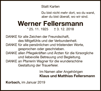 Traueranzeige von Werner Fellersmann von WLZ