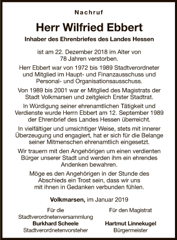 Traueranzeige von Wilfried Ebbert von WLZ
