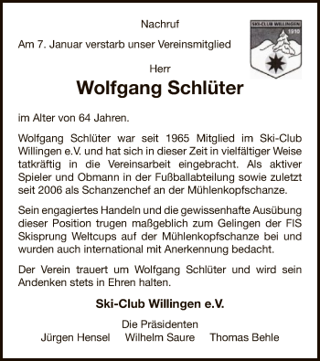 Traueranzeige von Wolfgang Schlüter von WLZ