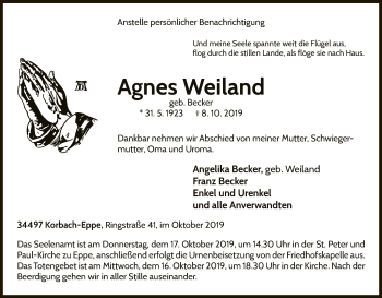 Traueranzeige von Agnes Weiland von WLZ
