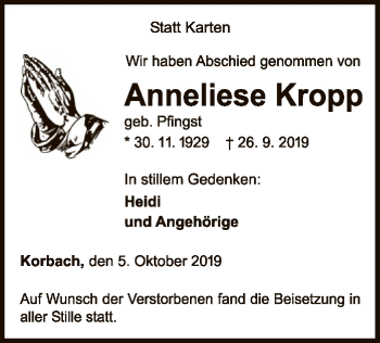 Traueranzeige von Anneliese Kropp von WLZ