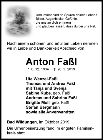 Traueranzeige von Anton Faßl von WLZ