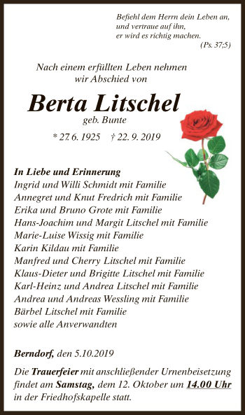 Traueranzeige von Berta Litschel von WLZ