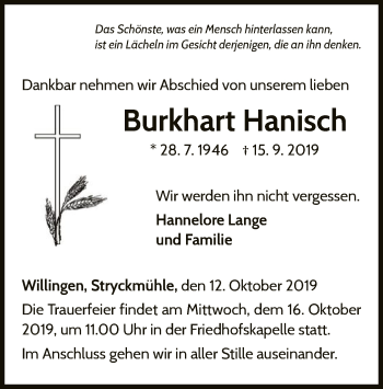 Traueranzeige von Burkhart Hanisch von WLZ