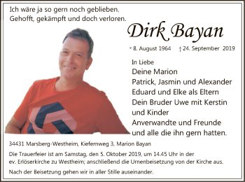 Traueranzeige von Dirk Bayan von WLZ