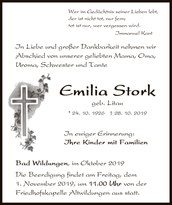 Traueranzeige von Emilia Stork von WLZ