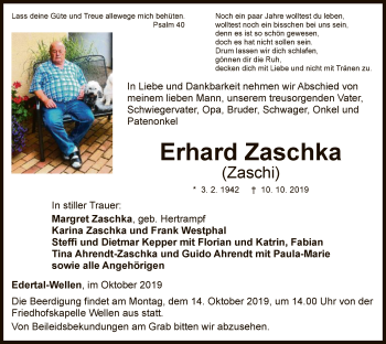 Traueranzeige von Erhard Zaschka von Waldeckische Landeszeitung