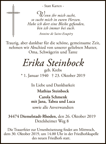 Traueranzeige von Erika Steinbock von WLZ