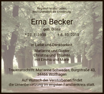 Traueranzeige von Erna Becker von WLZ
