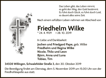 Traueranzeige von Friedhelm Wilke von WLZ