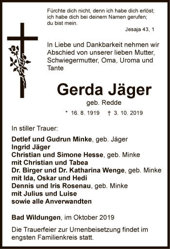 Traueranzeige von Gerda Jäger von WLZ