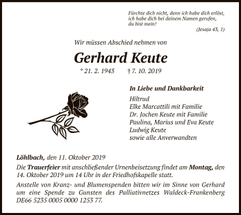 Traueranzeige von Gerhard Keute von Waldeckische Landeszeitung