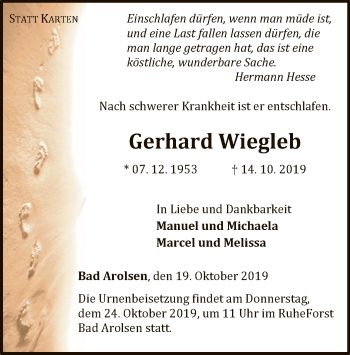 Traueranzeige von Gerhard Wiegleb von WLZ