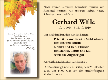 Traueranzeige von Gerhard Wille von WLZ